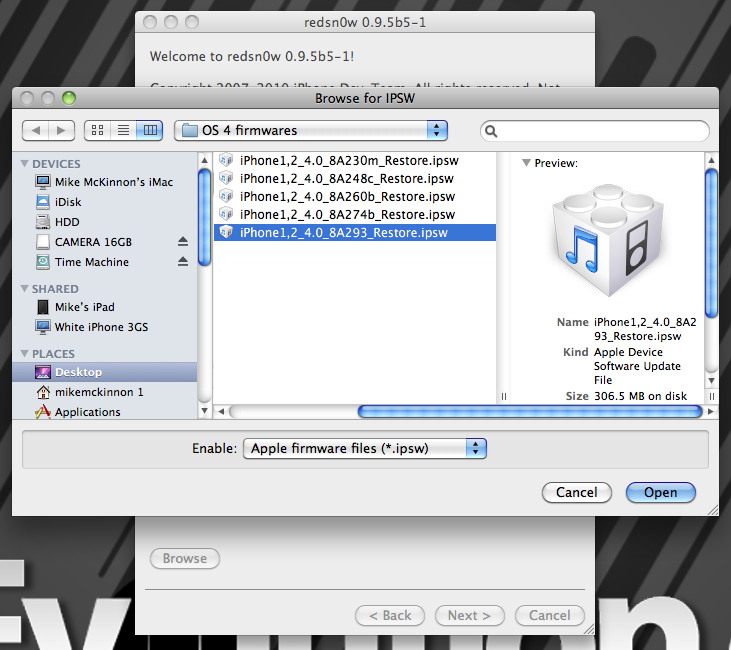 Click browse, and navigate to your iOS 4 GM firmware. For iPhone 3G, it will be iPhone1,2_4.0_8A293_Restore.ipsw. For iPod Touch 2G, it will be iPod2 