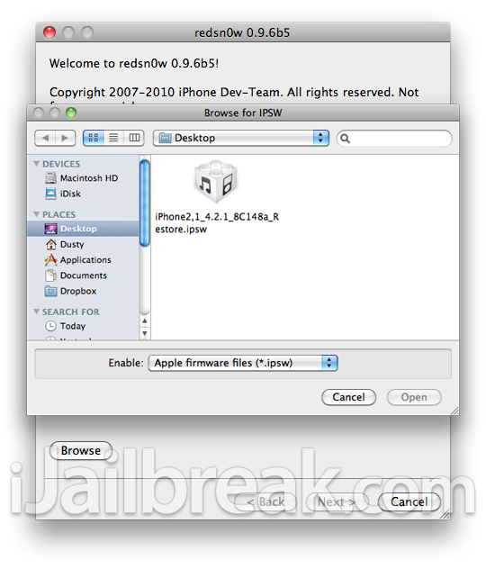 STEP 3: Launch Redsn0w 0.9.6b5 and find your way to iOS 4.2.1 and click “Open”.